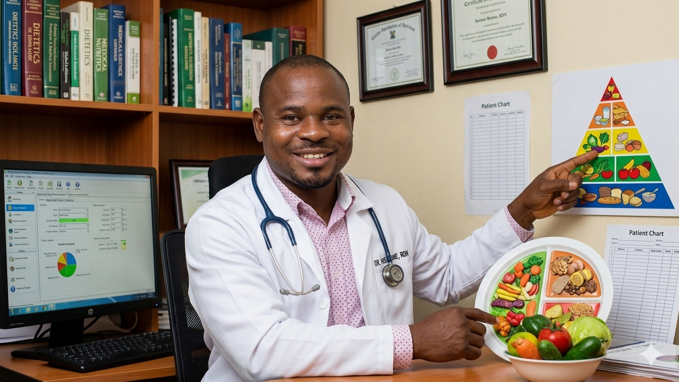 Vincent-Adocta Awuuh, Registered Dietitian, in his consultation room with dietetics reference books and a plate-model nutrition chart